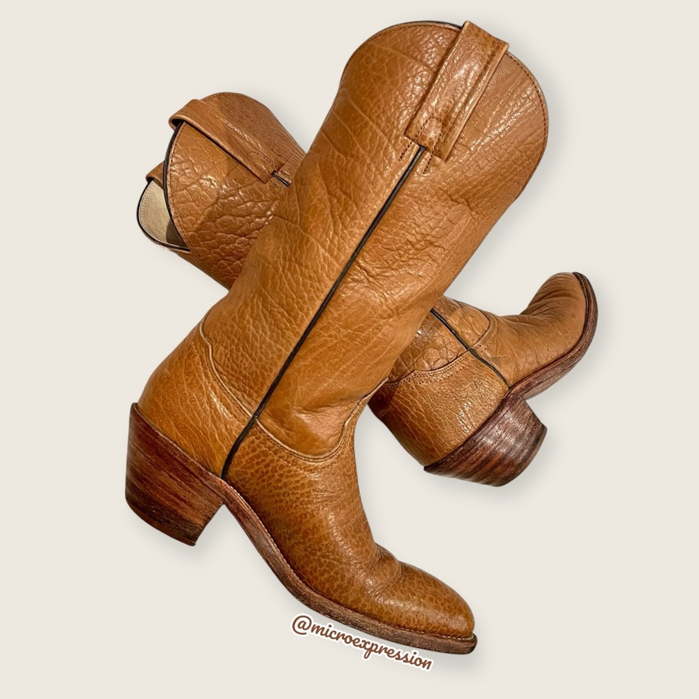 1980s VINTAGE Frye Grainy Tan Brown Leather Pull On Western Boho Cowboy Boot - Picture 15 of 15